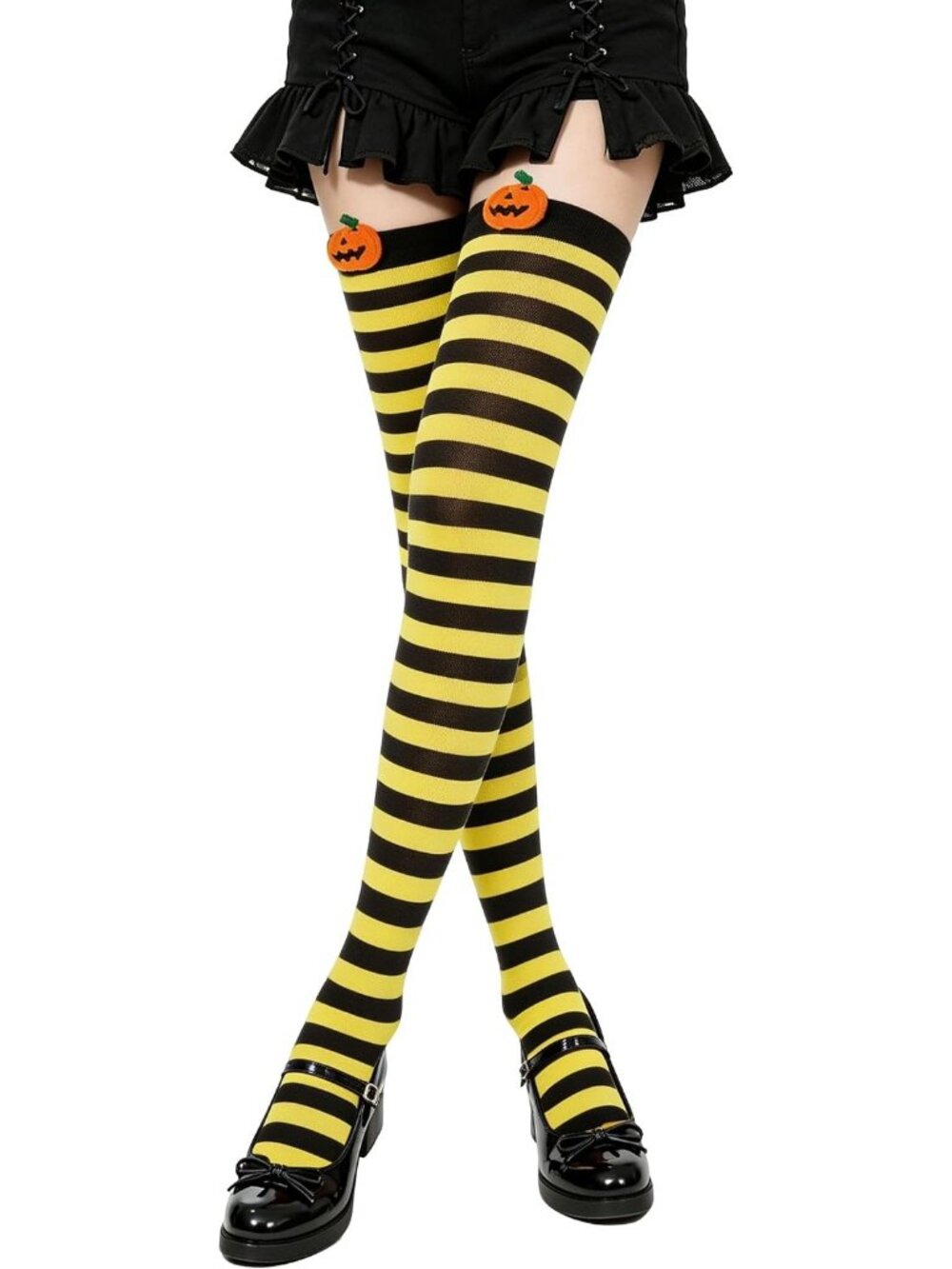 Women's Pumpkin Black Yellow Pumpkin Striped Thigh High Over Knee Halloween Sock